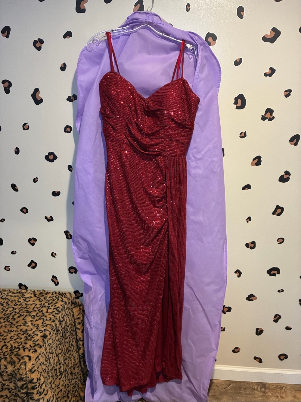 Burgundy Sequin Draped Spaghetti Strap Dress